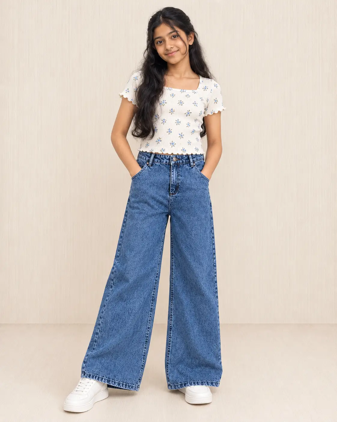 Girls' Patterned Wide-Leg Denim Jeans